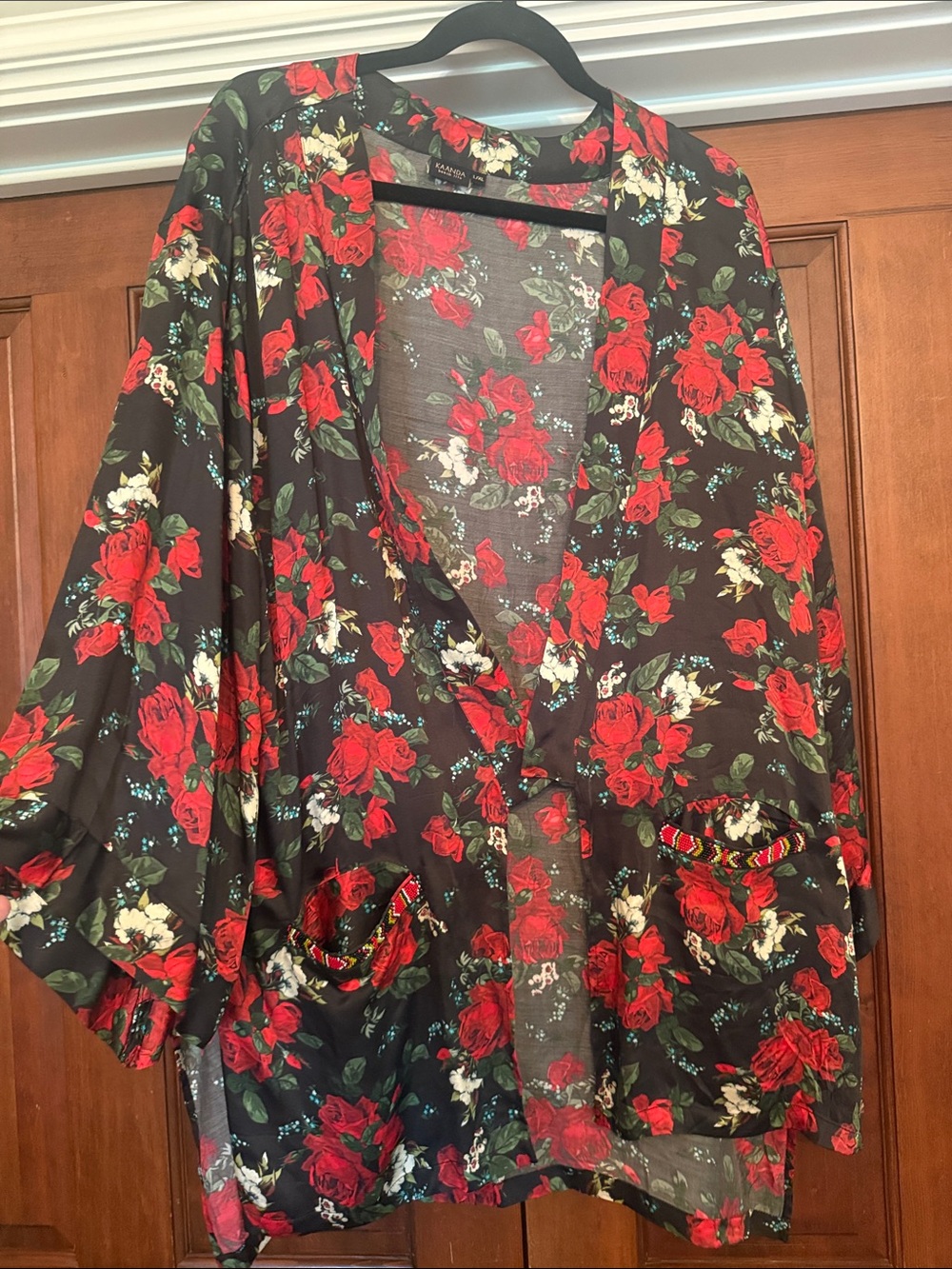 Red Black Floral Kimono coverup with Red Rose Print